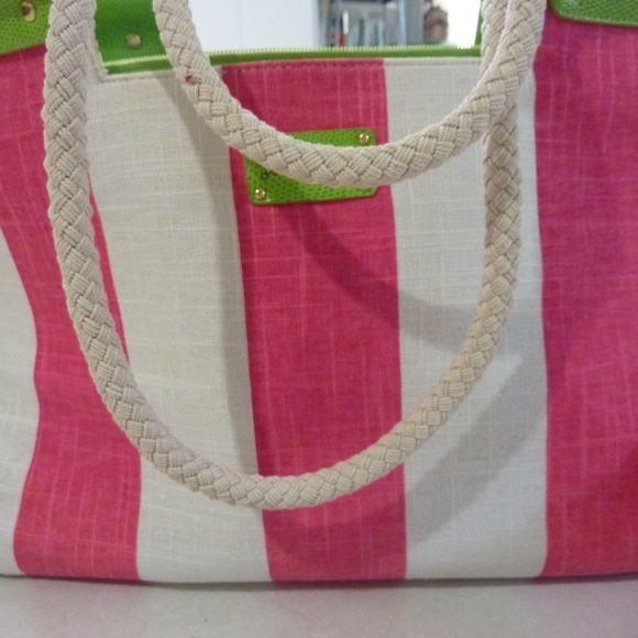 Lilly Pulitzer Striped Large Canvas Tote Bag PINK White GREEN  2 Piece 15 X 12'' - Picture 2 of 14